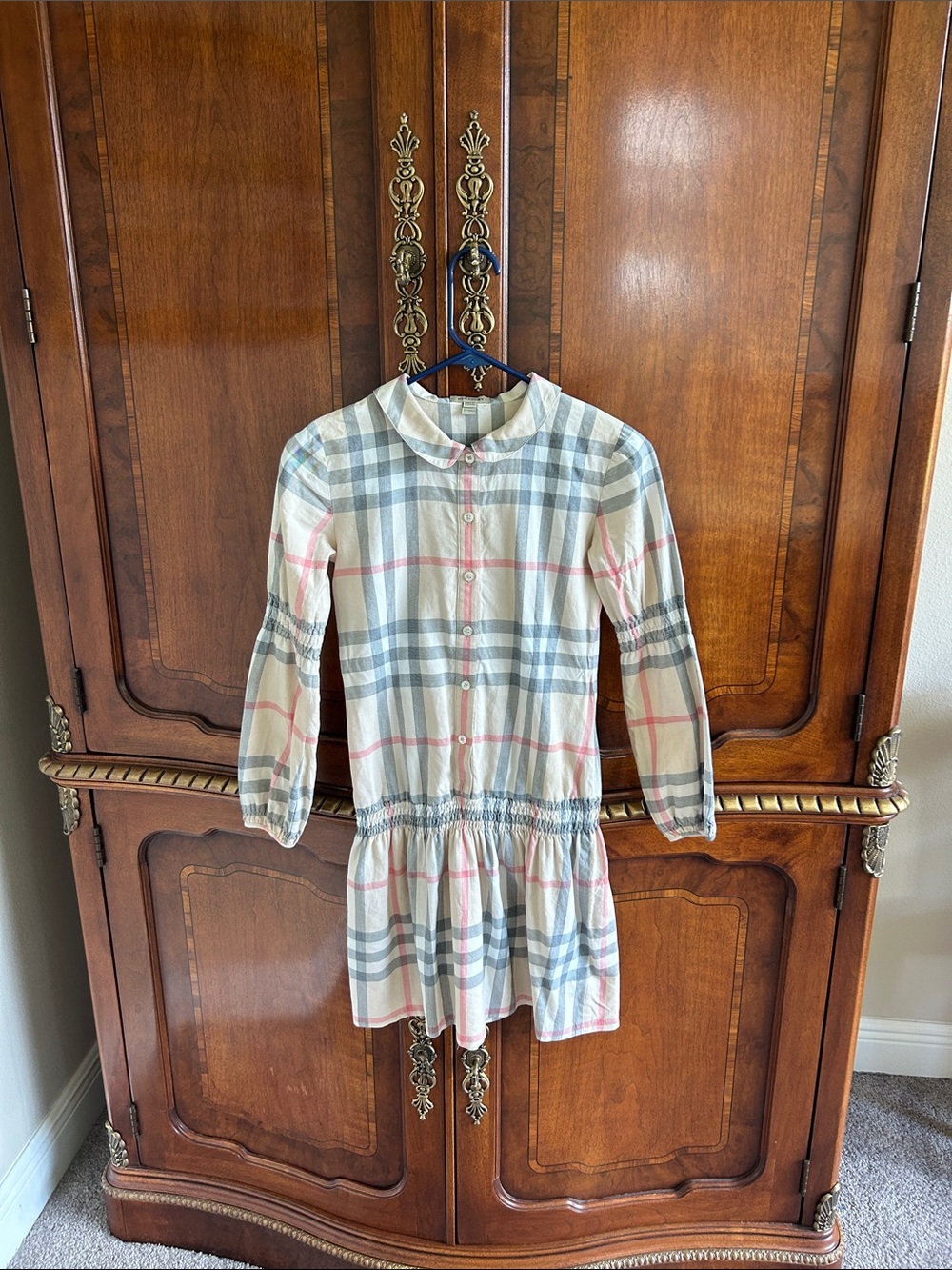 Burberry Cream and Gray Check Collared cotton dress